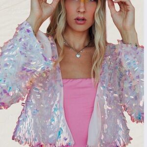AKIRA Iridescent Sequin Sheer Jacket with Pink Trim